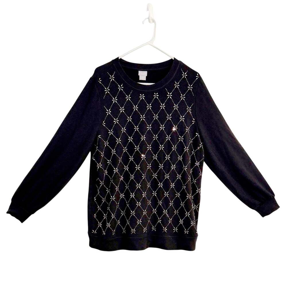 Chico's Black silver stud Embellished floral Diamond Crewneck Tunic Sweatshirt L